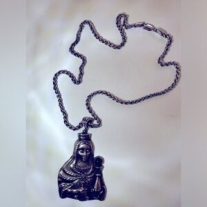 925 Italy Sterling Silver St. Joan of Arc With Black Obsidian Pendant Necklace